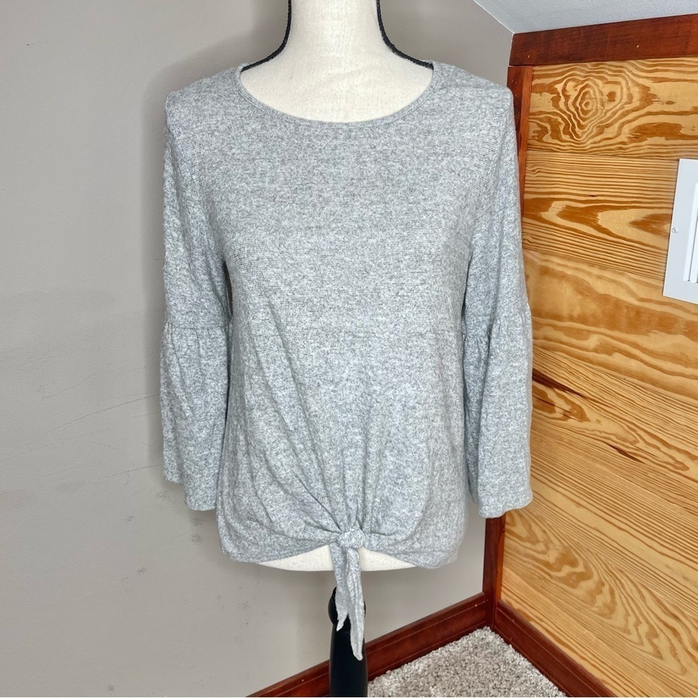 Caution To The Wind Grey Tie Knot Front Bell Sleeve Knit Top Blouse Medium